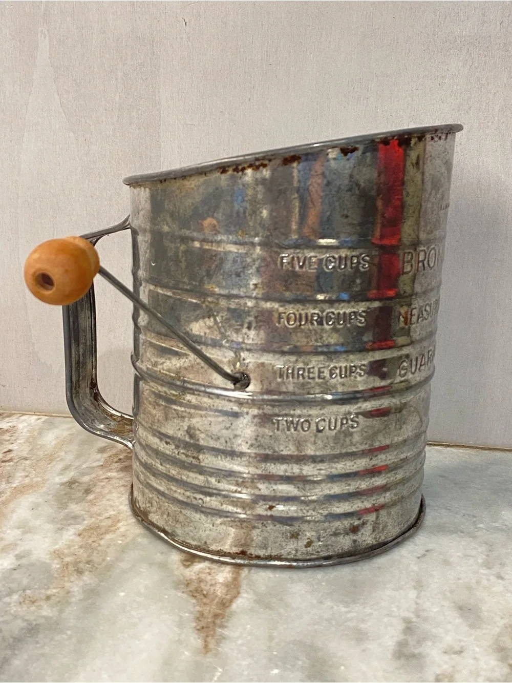 VTG Bromwell's 5-Cup Tin Measuring Flour Sifter Wood Handle
